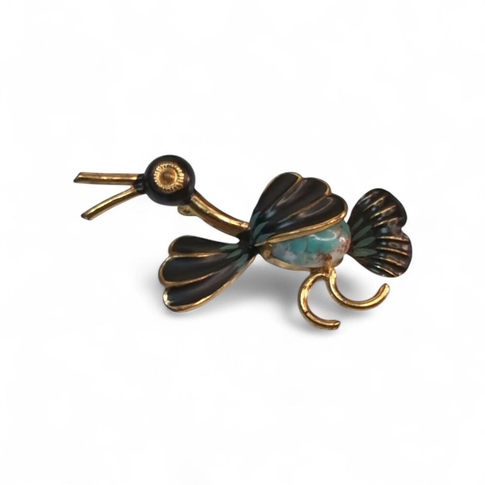 Vintage Gold-Tone Duck Brooch With Blue Mottled Glass Belly & Black Enamel